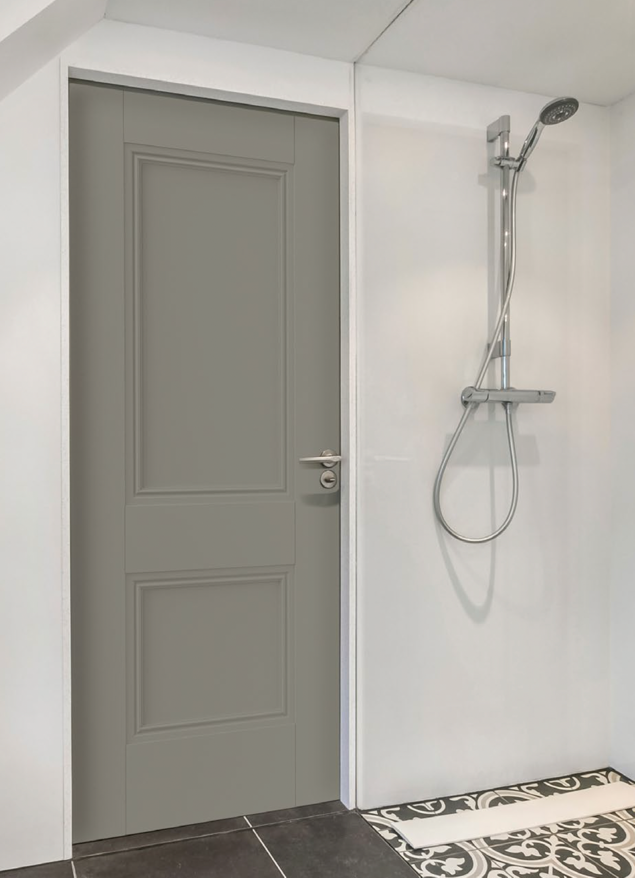 A custom bathroom door crafted by Fix It Mates, featuring a sleek design with a polished wooden finish, sturdy construction, and modern hardware, designed to complement a stylish and functional bathroom setting.