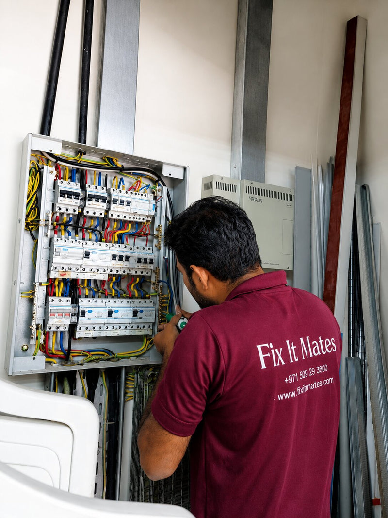 Fix It Mates electrician repairing DB board in Dubai villa