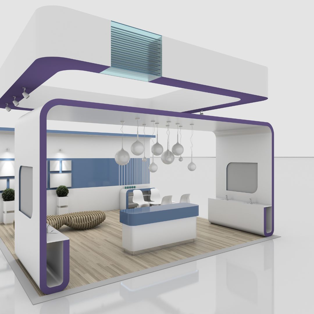 An exhibition stand model created by Fix It Mates, featuring a sleek, modern design with custom-built shelves, display areas, and branded elements, showcasing professional craftsmanship and attention to detail for a trade show or exhibition setting.