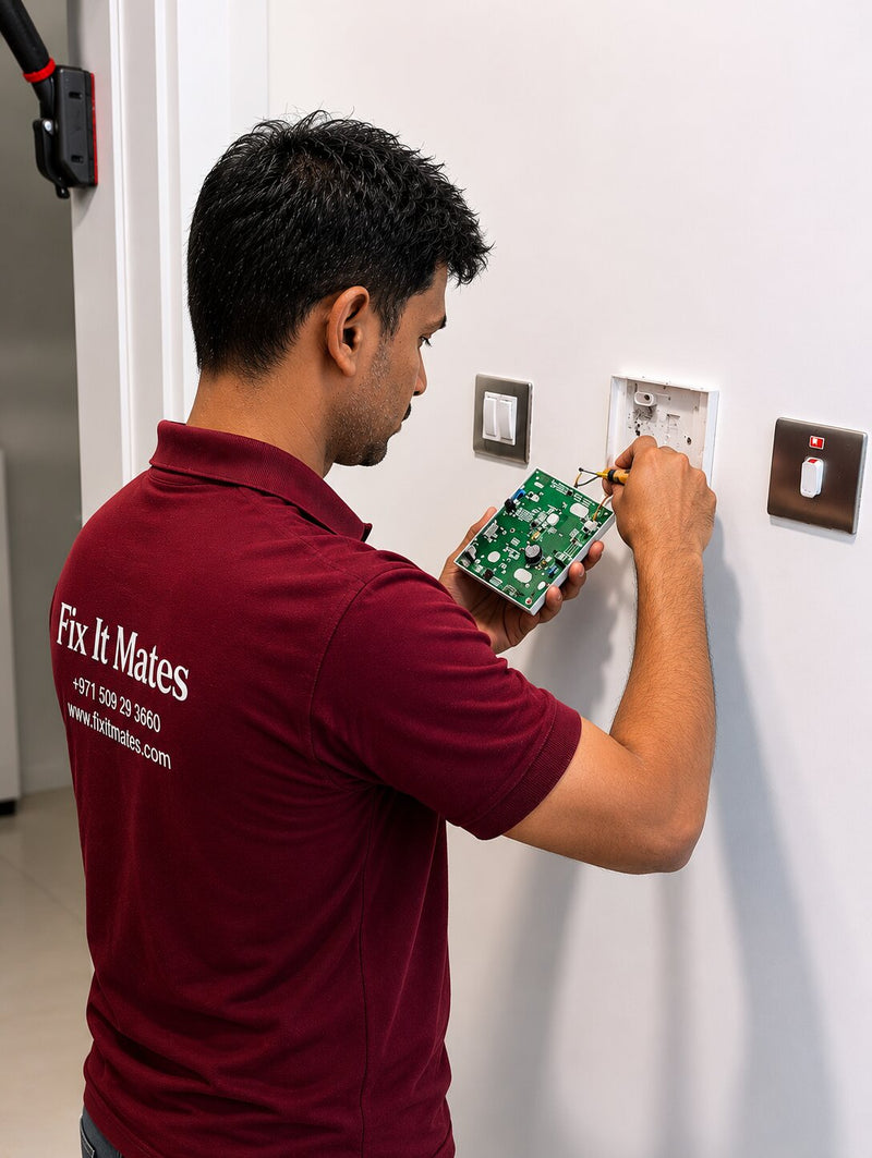 Fix It Mates electrician installing socket and switch in Dubai apartment