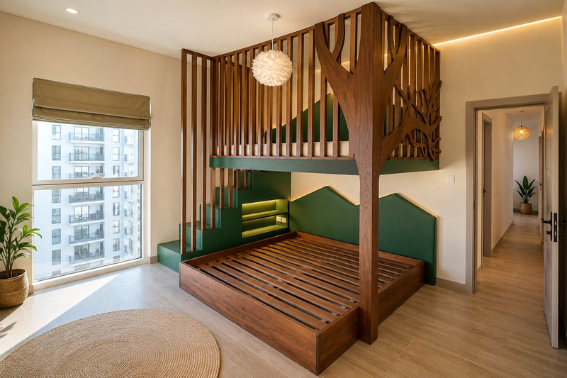 Bespoke treehouse themed loft bed with wooden railings and reading nook built by Fix It Mates Dubai
