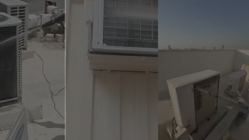 Load video: A technician performing AC cleaning and servicing. The video shows three clips of the process, including inspecting the unit, cleaning the filters, and testing the AC to ensure proper cooling