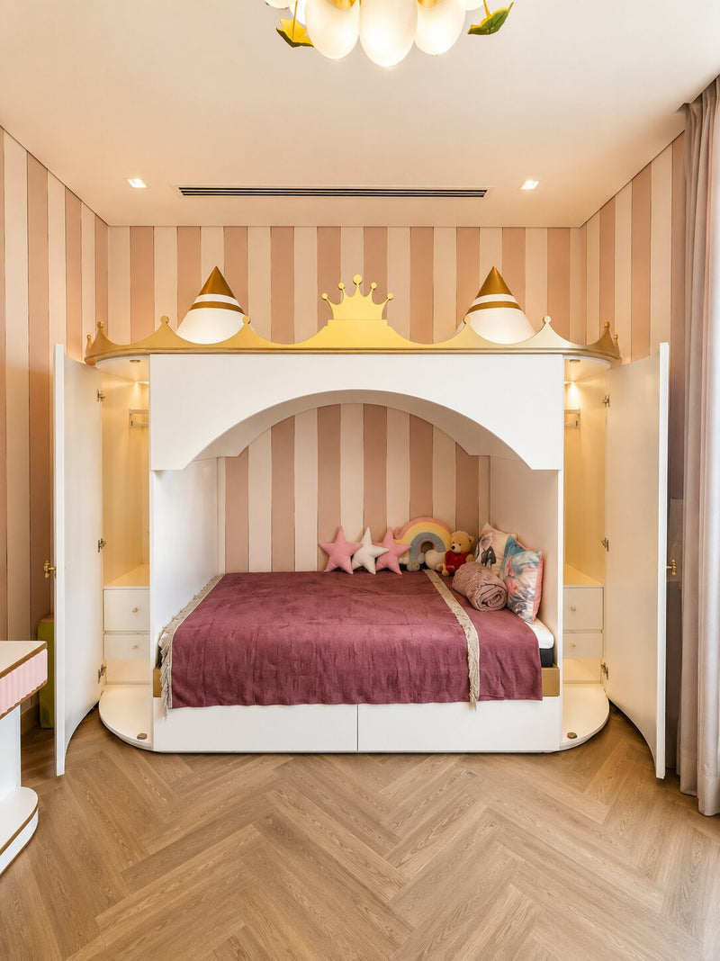 Custom built-in kids bed with shelving and storage designed and built by Fix It Mates in Dubai
